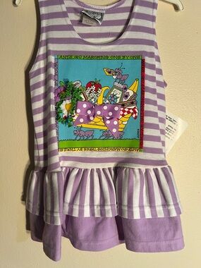 Zoodles Lilac & White Striped Ruffle Dress with Colorful Ant Picnic Graphic